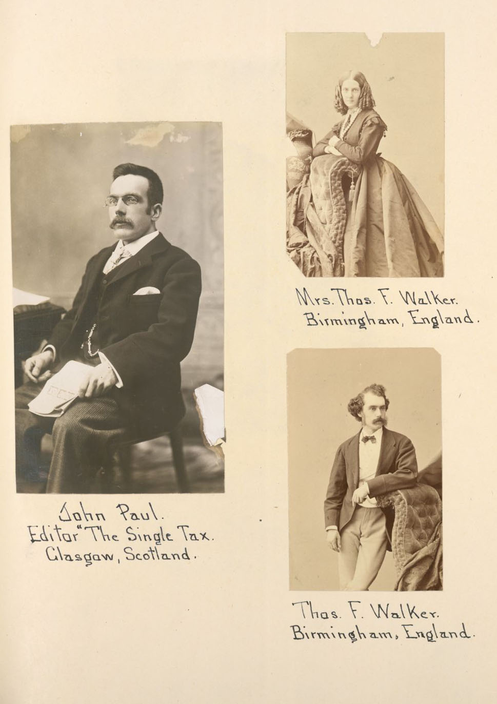 John Paul, editor of The single tax, Glasgow, Scotland; Mrs. Thos. F. Walker, Birmingham, England; Thos. F. Walker, Birmingham, England.